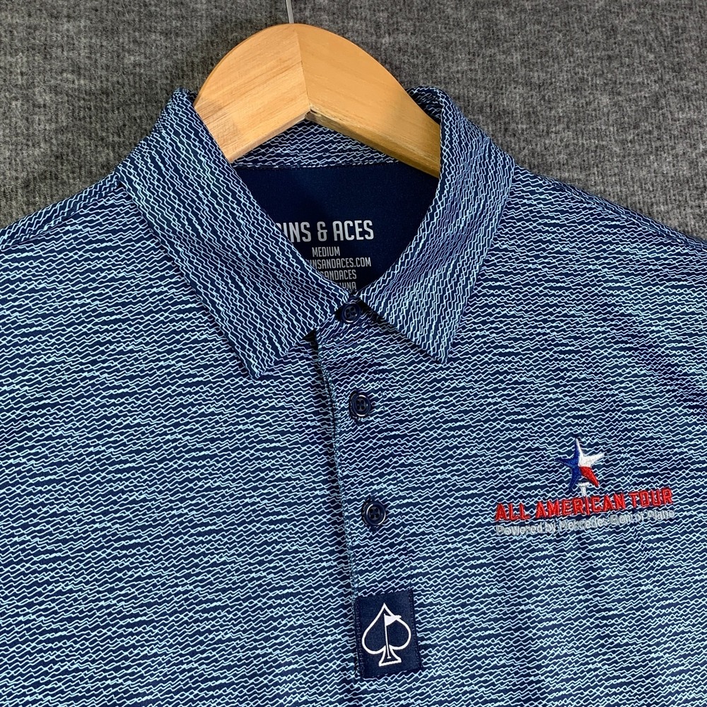 Pins & Aces Polo Men Medium Blue Performance Golf Stretch Preppy Modern